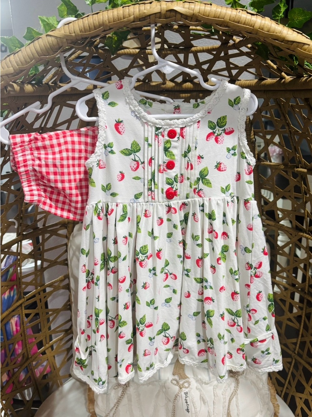 SweetHoney White Strawberry Print Dress with Red Buttons